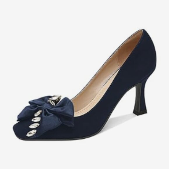 YDN Shoes - YDN Navy Mid Spool Heel Pumps Square Toe Slip On Bowknot Rhinestone Office Shoes